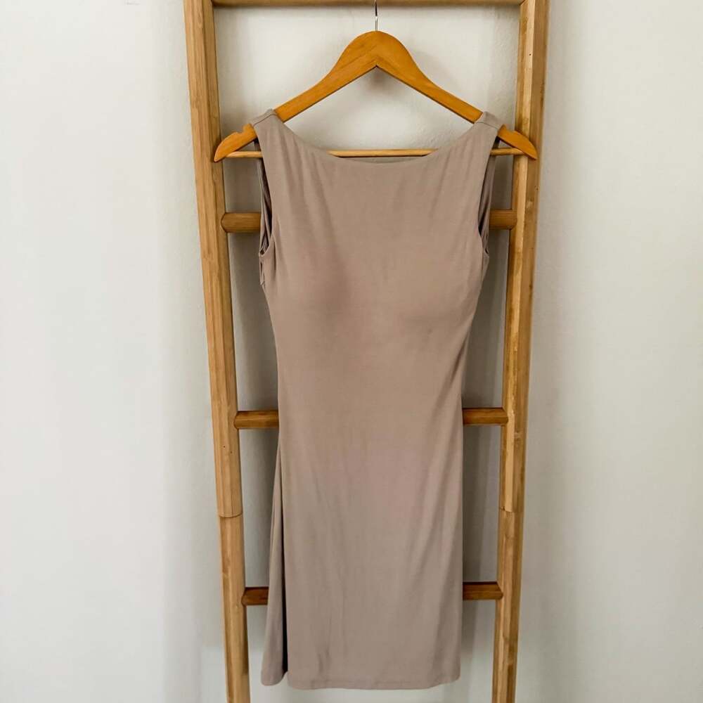 OGL Eco-SkinKiss Open Back Brami Mini Dress Taupe Sleeveless Bodycon Size S